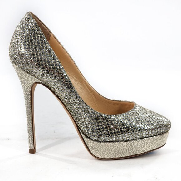 JIMMY CHOO NEW $695 Alex Silver Gold Metallic Leather Platform Pump - Picture 7 of 10